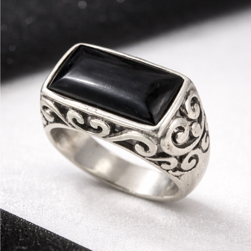 925 Sterling Silver Black Onyx Statement Ring | Ornate Scrollwork | Size 8 | 7g
